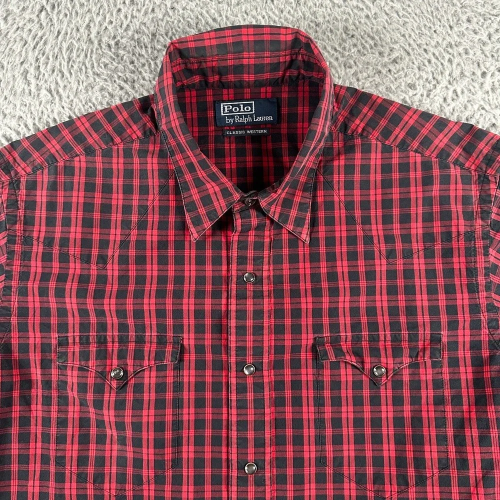 Vtg Polo Ralph Lauren Classic Western Shirt Mens XL Red Black‎ Plaid Pearl Snap